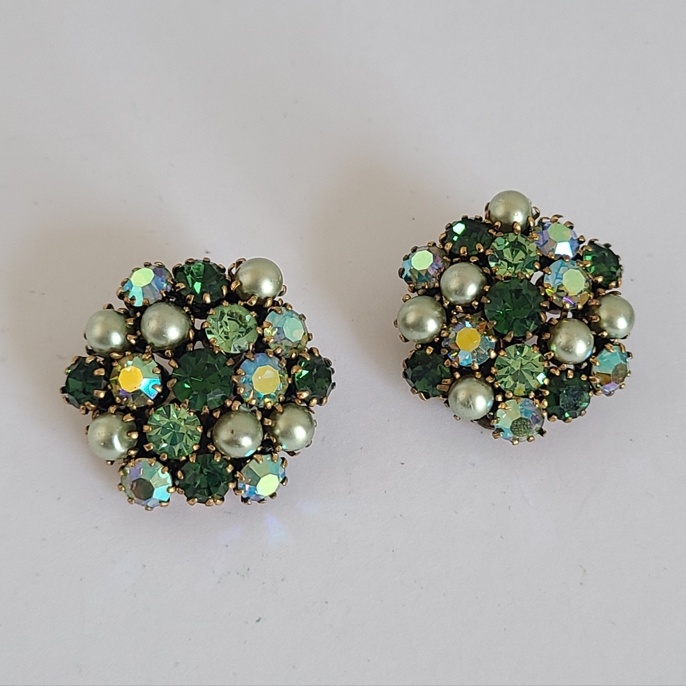 Vintage Mid Century Mod Gold Green Crystal AB Rhinestone Chunky Clip-On Earrings
